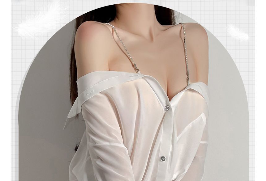 Candyiry - Set: Effen doorschijnende lingerie-shirtjurk + string + bandje met strass