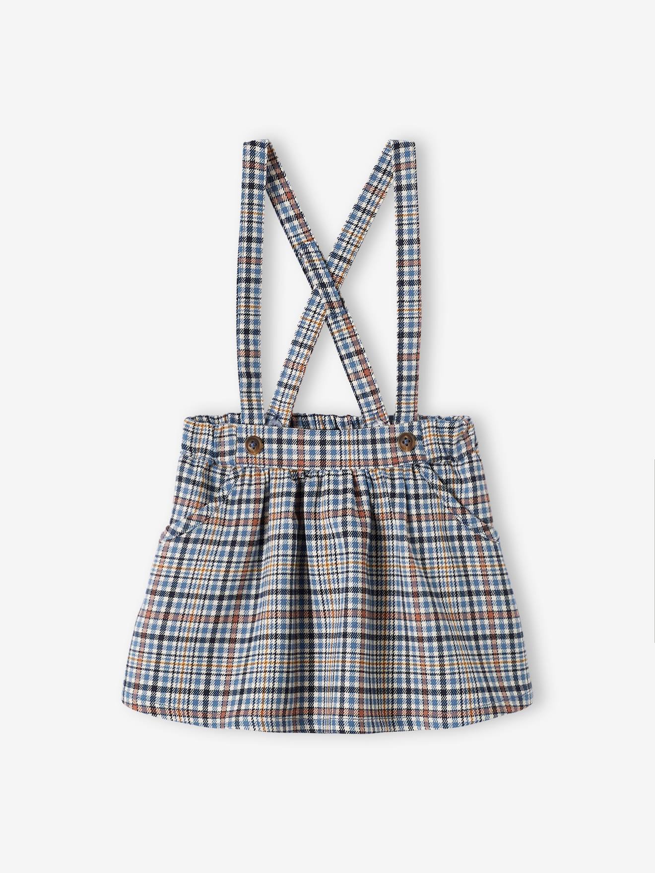 Saia xadrez com suspensórios para bebê, cor off-white