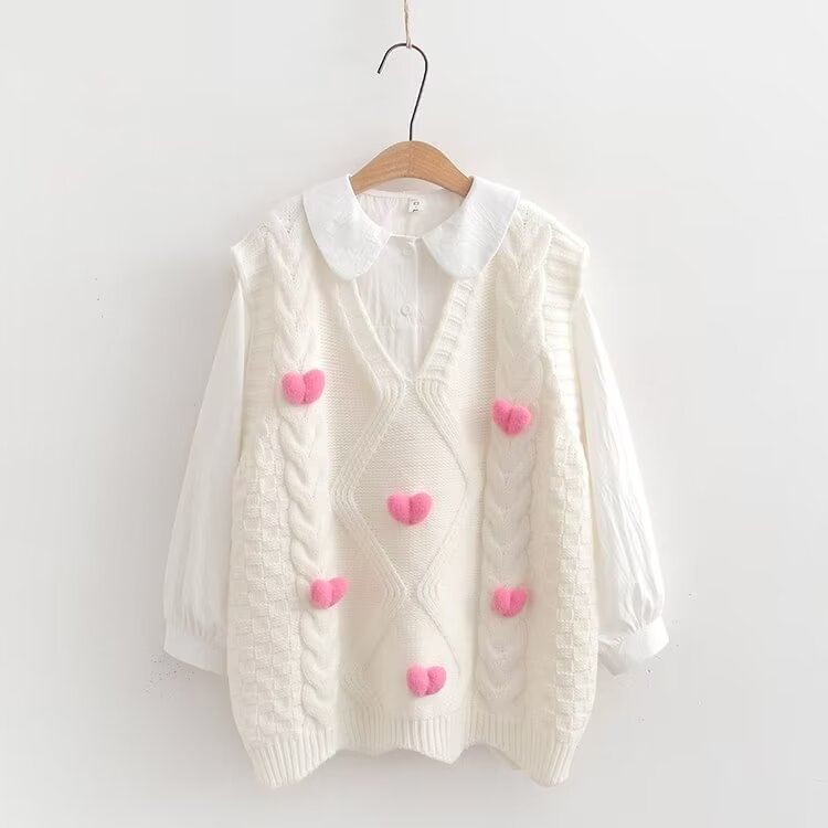 PANDAGO - V-hals trui met hartaccent / effen shirt met lange mouwen / set