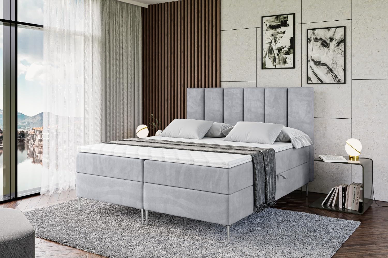 ALTDECOR Boxspringbett mit Silber Füßen, Matratze und Lattenrost, Boxbett, Topper, Polsterbett mit Bettkasten, Bett mit Stauraum H3-Matratze, Doppelbett - BOXI1-FS- 200x200 - Grau Monolith 84