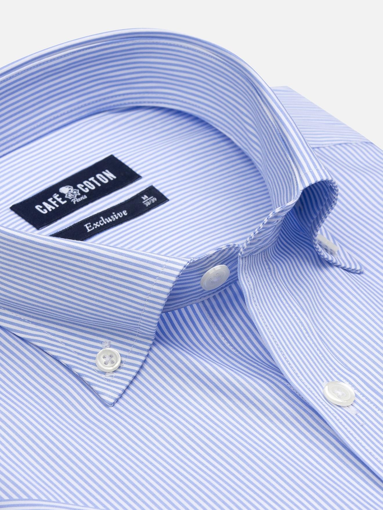 Chemise manches courtes Menthon à rayures ciel - Col Boutonné