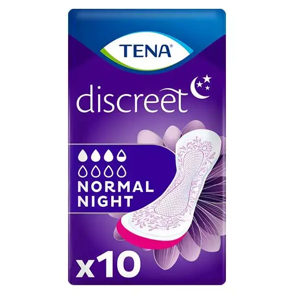 Absorventes higiênicos noturnos TENA Discreet Normal, pacote com 10 unidades.