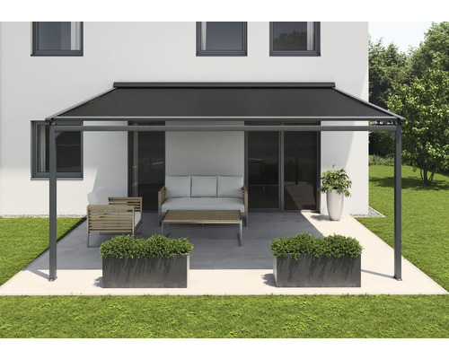 SOLUNA Pergola met stoffen dak 4x3, doekdesign 320994, frame RAL 7016 antracietgrijs, aandrijving links inclusief motor, wandschakelaar (wandmontage)