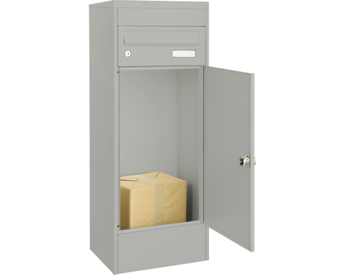 MEFA pakketbrievenbus, gepoedercoat staal, BxHxD 410/1025/325 mm, Mana 482, wit aluminium RAL 9006, frontuitname, 2 compartimenten met naamplaatje