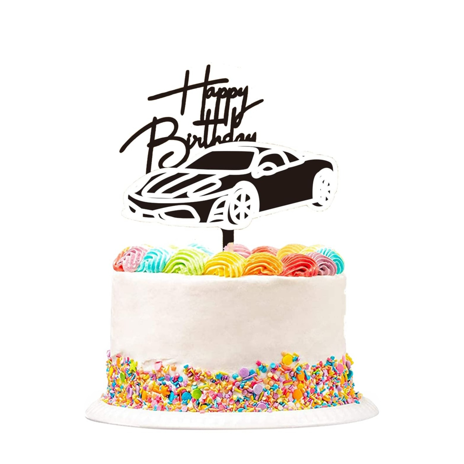 Kuchenstecker Happy Birthday Tortenstecker Topper Sportwagen Dekoration für Torten / Kuchen - Schwarz / Weiss