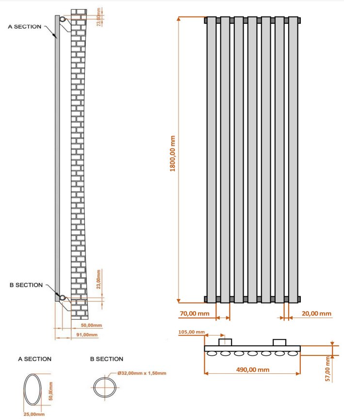 Eastbrook Tunstall radiator 50x180cm 644W chroom
