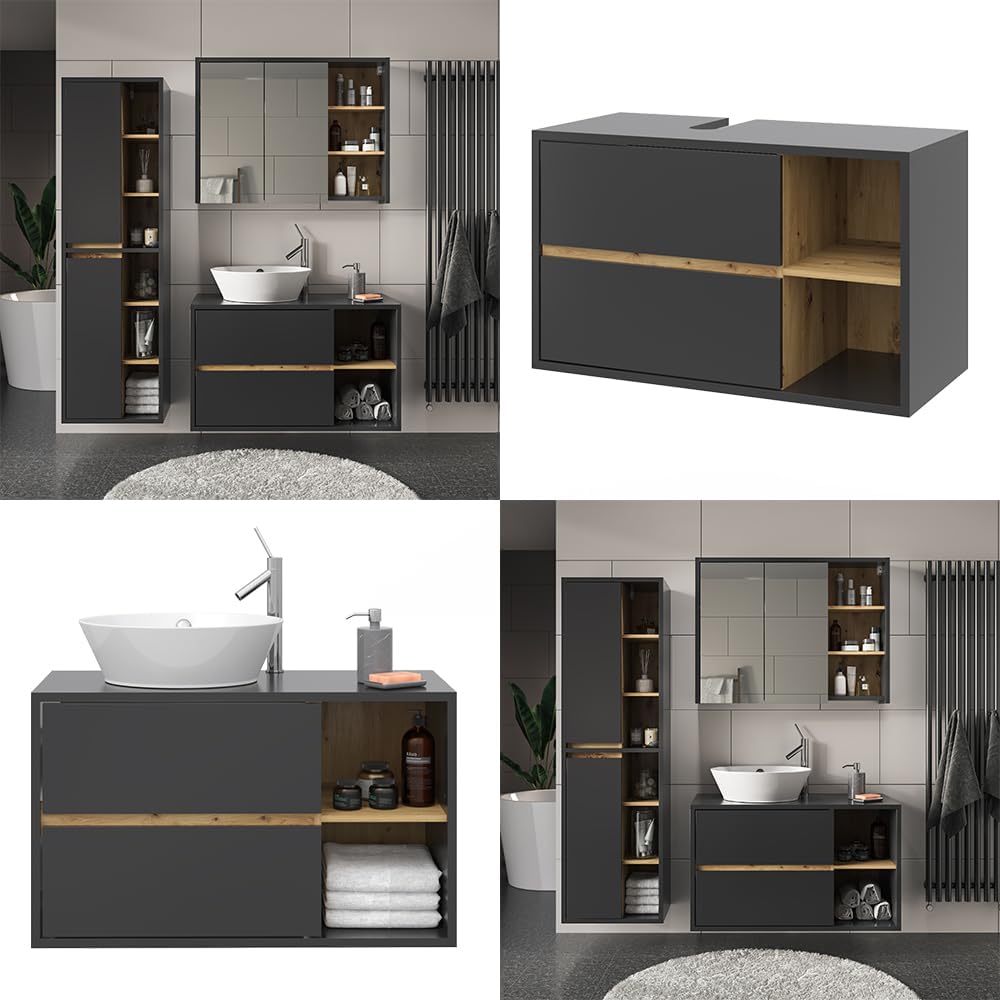 Vicco Waschbeckenunterschrank Anthrazit Viola 100x60x46 cm - Unterschrank für das Badezimmer, Leichte Reinigung des Bodens Dank wandhängender Montage