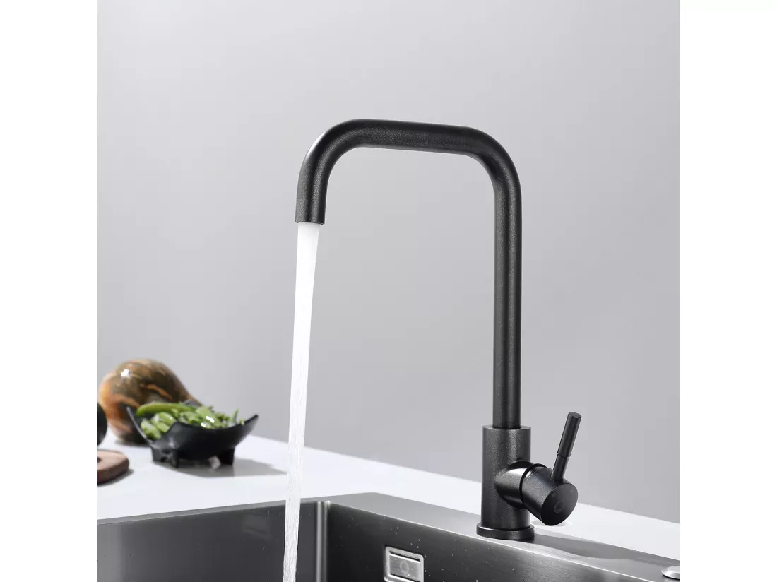 Évier Cuisine 1 Bac 70×44×21CM Évier Inox Brossé avec Egouttoir et Vasque + Mitigeur de Cuisine en Inox Noir étoilé avec Bec Haut et Incurvé