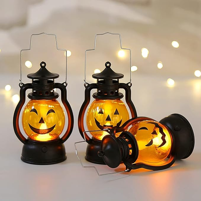 (2er Set) 13x6cm LED Grusel Kürbis Laterne Halloween Pumpkin Lampe Home Deko Party Stimmungsleuchte (inkl. LR1130 Batterien) - Orange / Schwarz