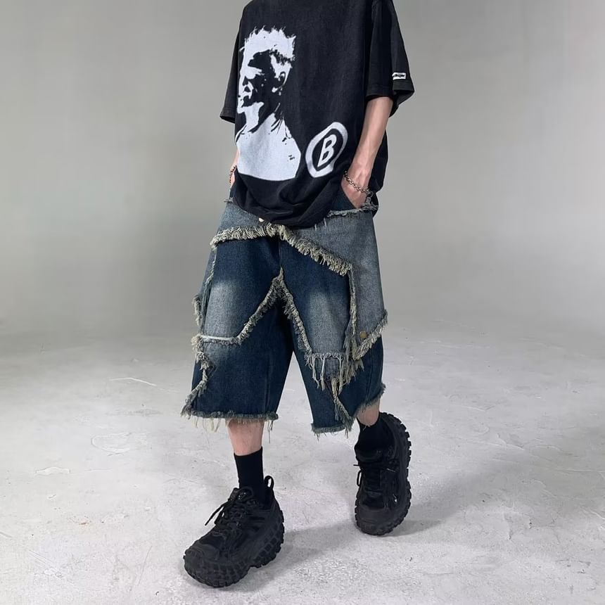 Lingaris - Hoge taille denim shorts met wijde pijpen en versleten look