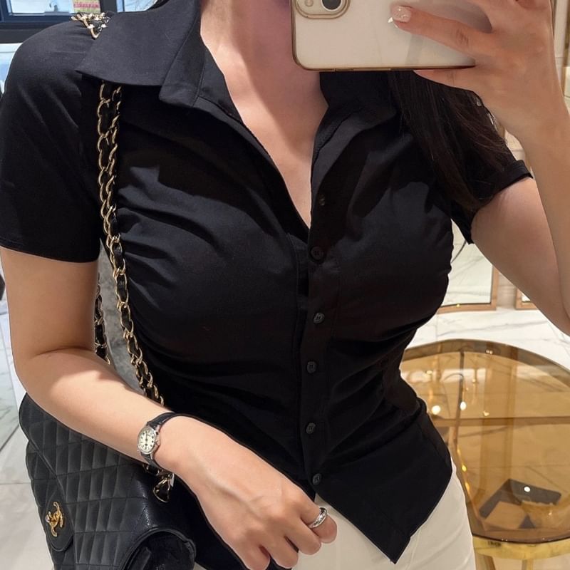 Ohnana - Effen cropped shirt met korte mouwen