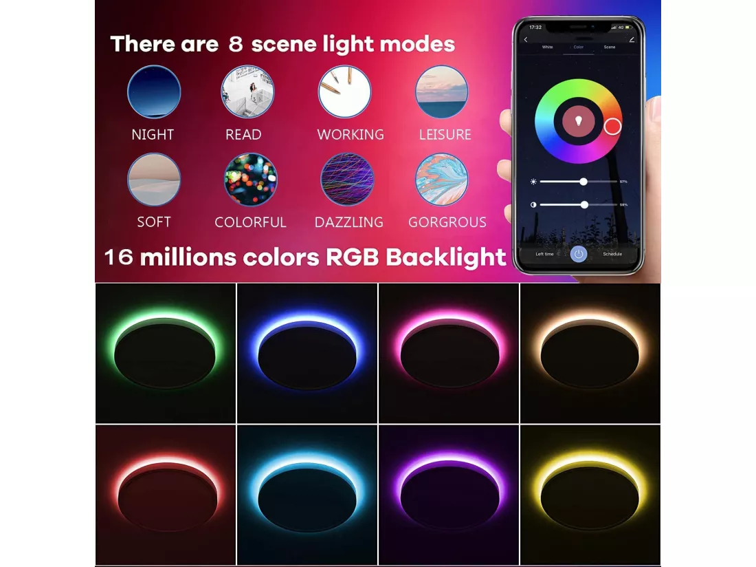 Anten Smart Plafonnier LED 24W(Ø 30cm)|Rétroéclairage RGB| Température de Couleur Réglable de 3000-6500K |Compatible avec Alexa/Google Assistant,Noir
