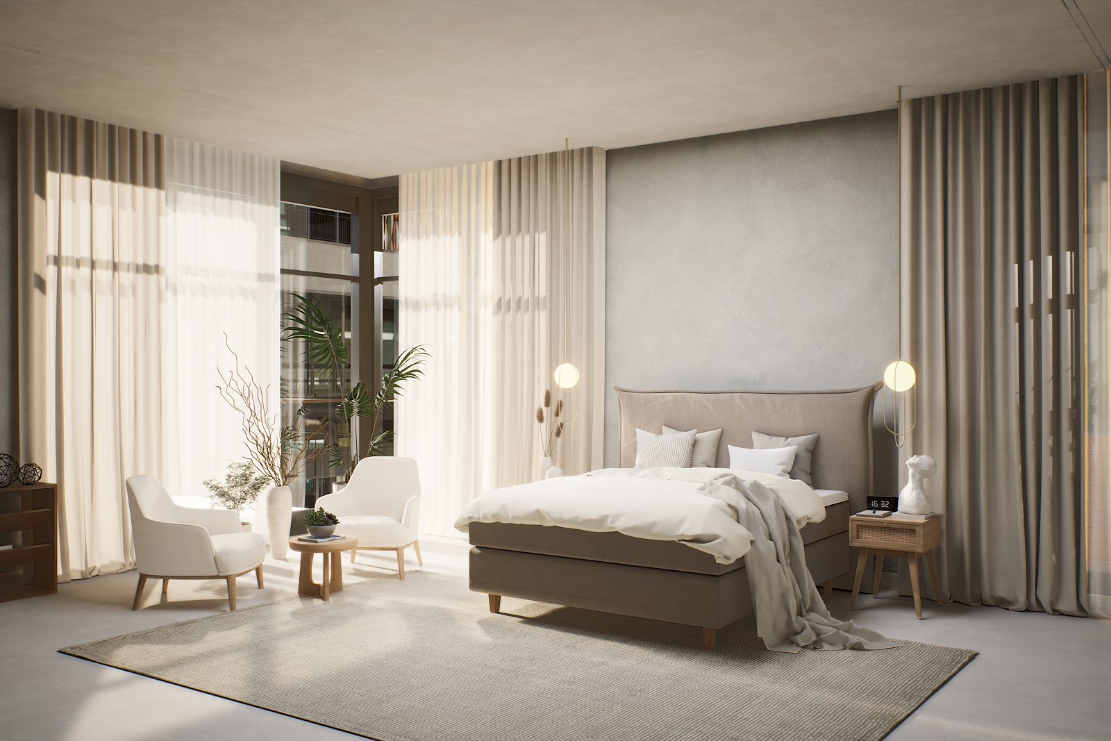 Premium 10 kontinentalseng 150x200 cm i tekstil Storm 09 mørk beige med medium/fast fasthet, Premium 10 overmadrass og firkantet hvitoljede eikeben 15 cm