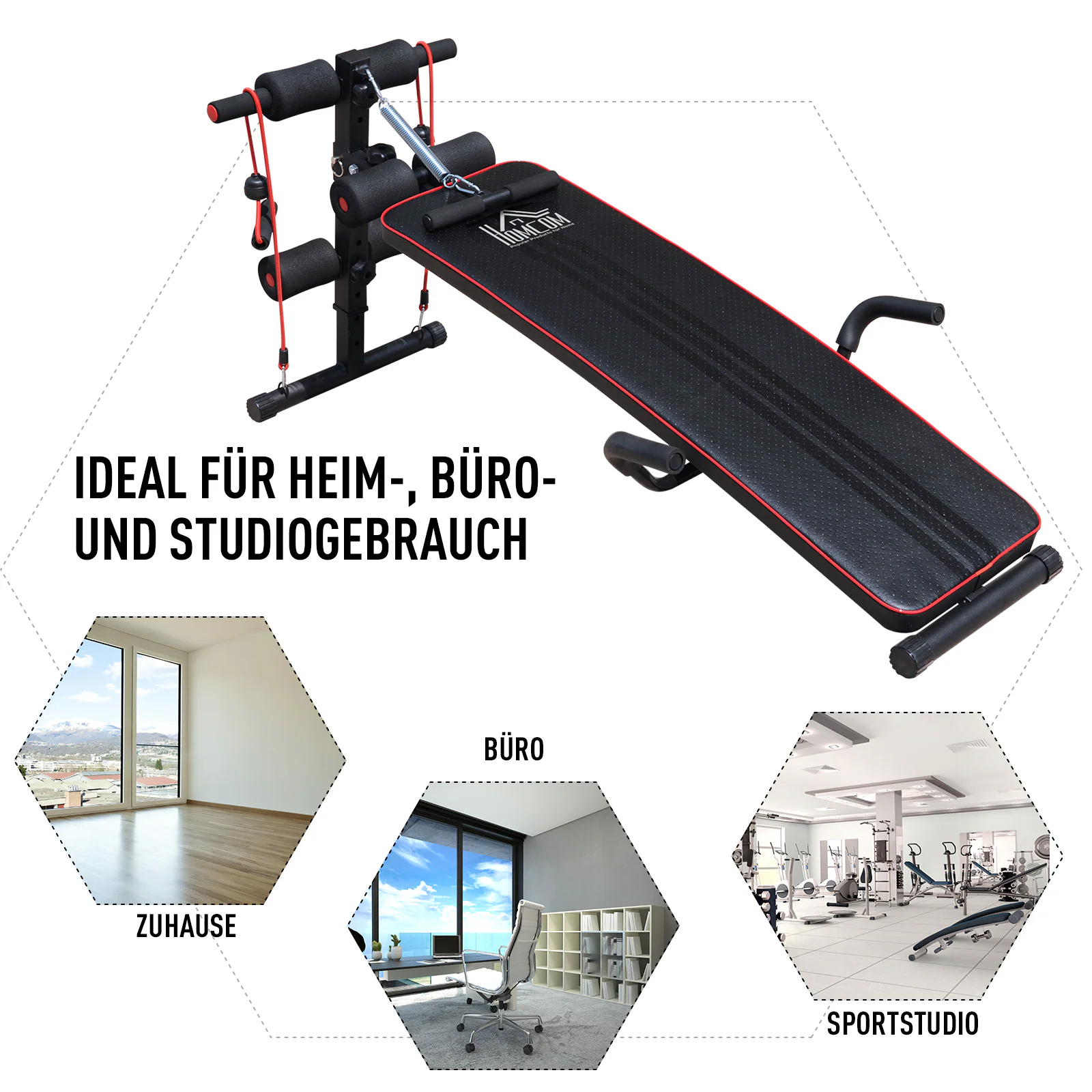 HOMCOM Sit-Up-Bank mit Widerstandsbänder schwarz, rot 137,5 x 55,5 x (50–68) cm (LxBxH)