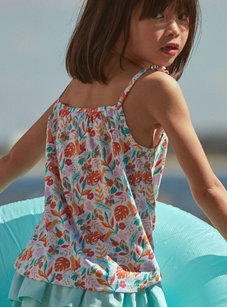 Débardeur et jupe short turquoise et orange en jersey