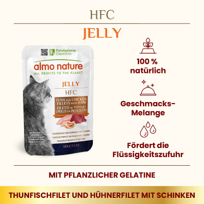 Almo Nature HFC Jelly Thunfischfilet & Hühnerfilet mit Schinken Adult Beutel 55g