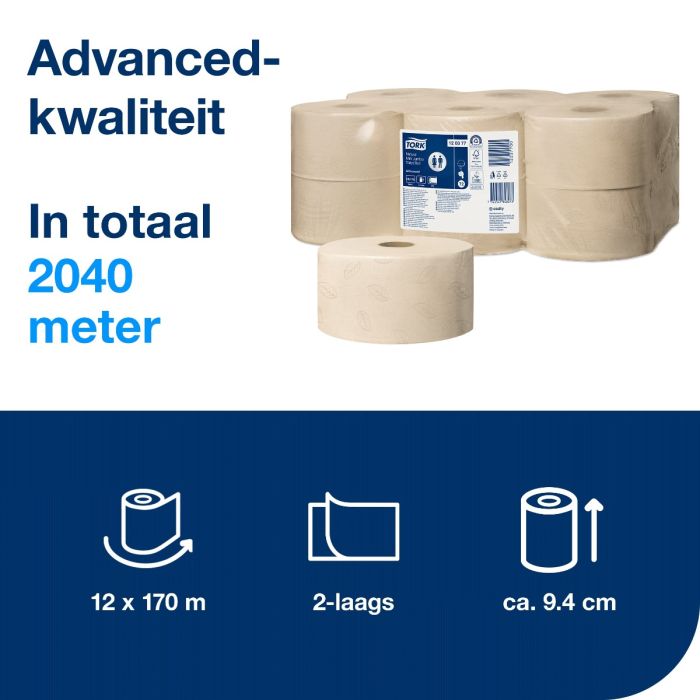 Tork 120377 12st Mini Jumbo Toiletpapier 2-laags Naturel Advanced T2 pak à 12 rollen (120377)