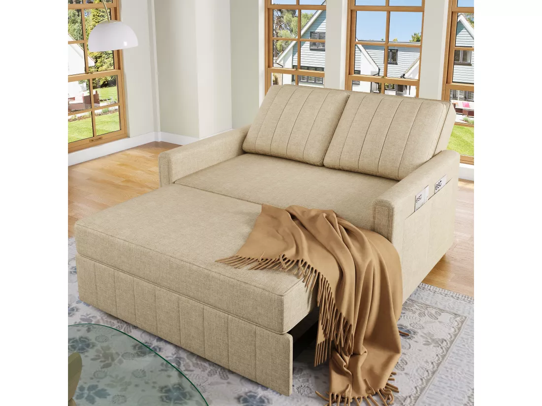 Canapé convertible 2 places, Canapé-lit pliant en tissu lin - 127 x 75/180 x 94 cm - avec fonction sommeil et dossier réglable - Beige