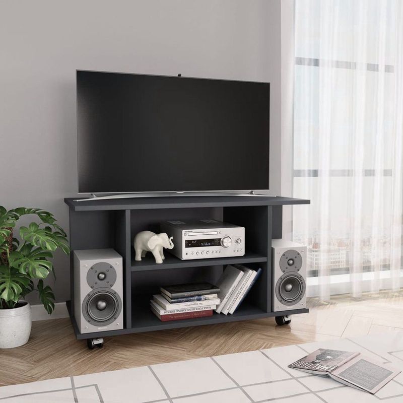 vidaXL Tv-meubel - Betongrijs - Bewerkt Hout - 4 Open Schappen - Met Wieltjes