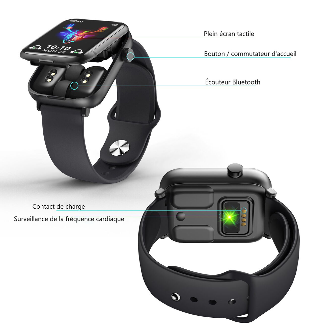 Onamaste Montre connectée  multifonctions + Écouteurs integrés noire
