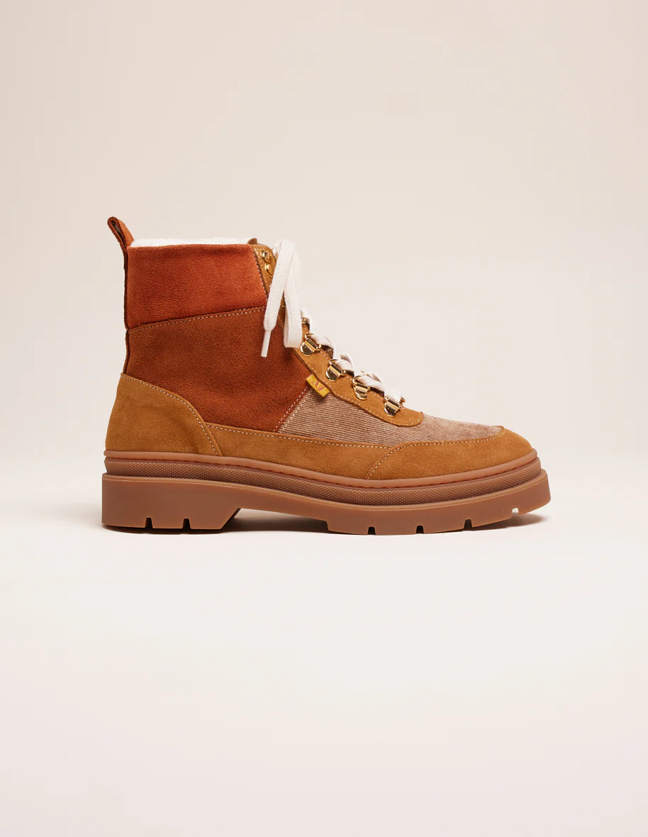 Bottines à lacets Joelle - Suède fourré et velours camel ambre