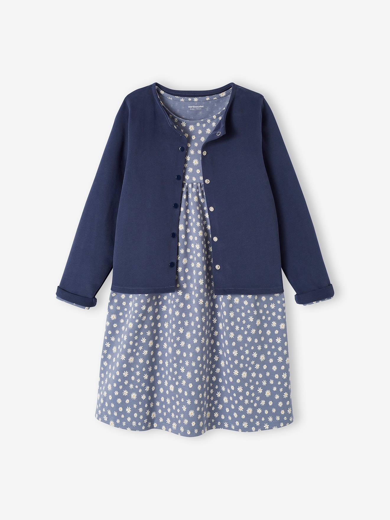 Conjunto de casaquinho e vestido com estampa floral para meninas, azul acinzentado