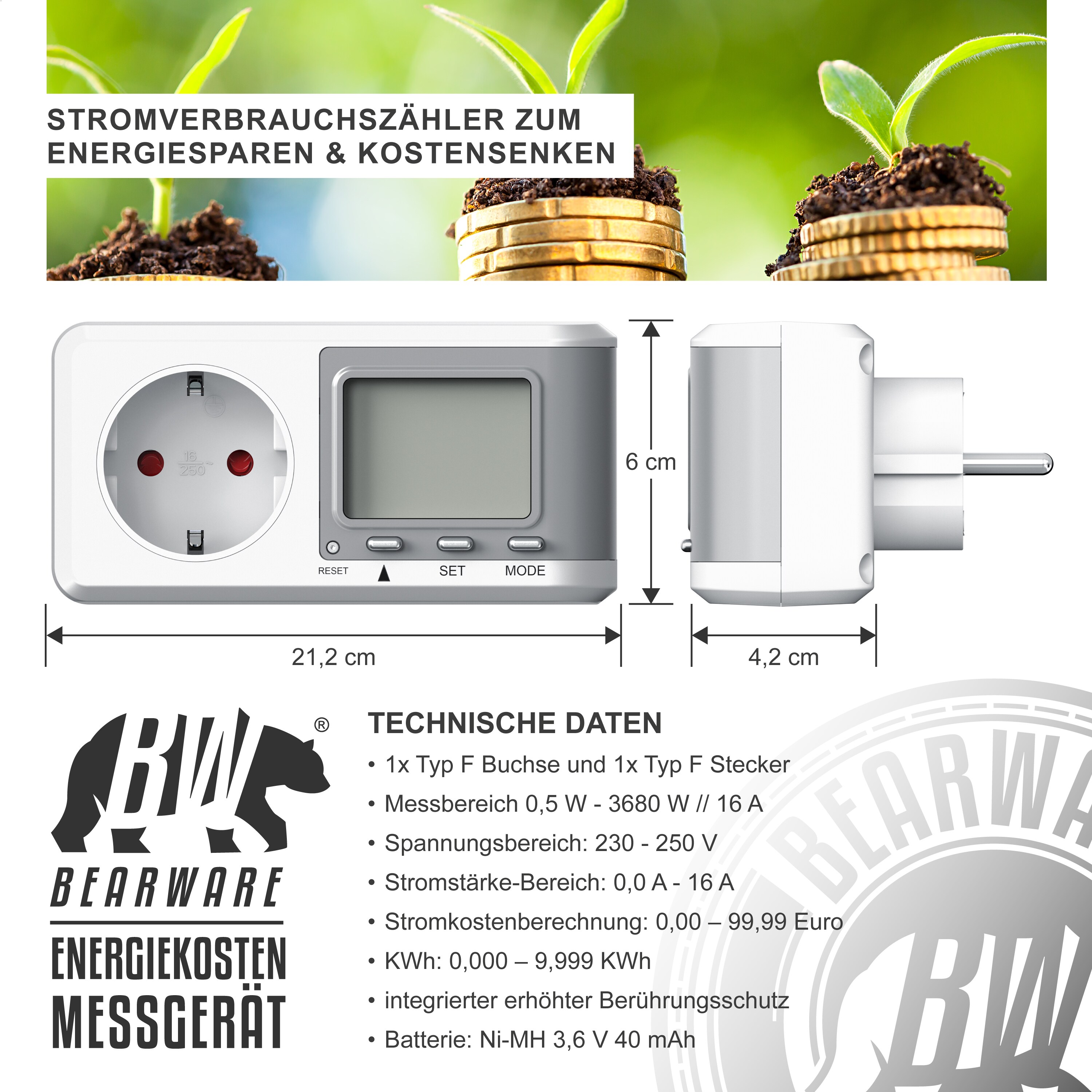 BEARWARE Energiekostenmessgerät - Stromverbrauchszähler, Energiekosten Anzeige - Stromzähler - 3680W - Energiemessgerät