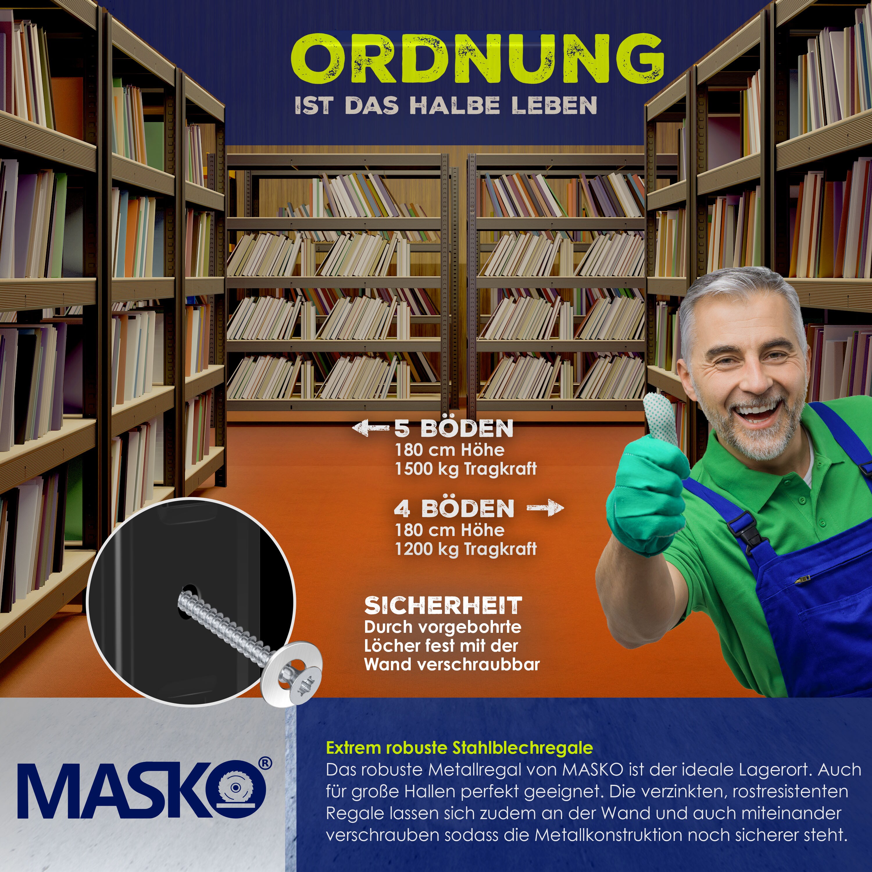 MASKO® Schwerlastregal Lagerregal Kellerregal 180x90x40cm, verstellbare Ablagen, MDF-Platten Regal aus Metall, Steckregal, Werkstattregal Stahlgestell Garage Werkbank