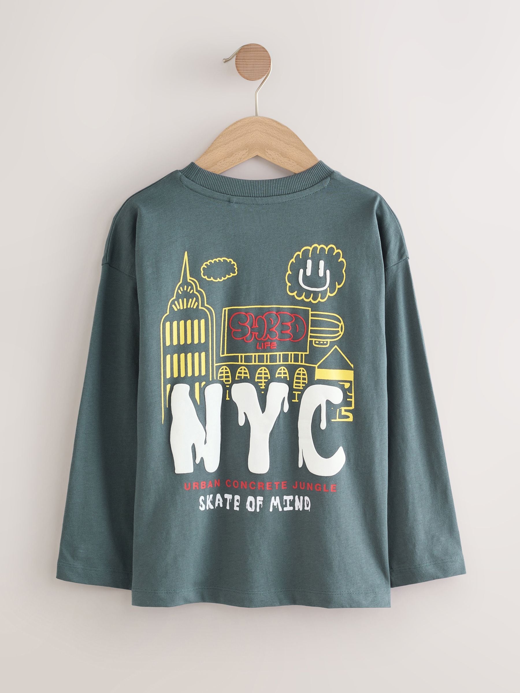 Grijs met print aan de achterkant - Relaxed Fit Graphic Long Sleeve Cotton T-Shirt (3-16yrs)