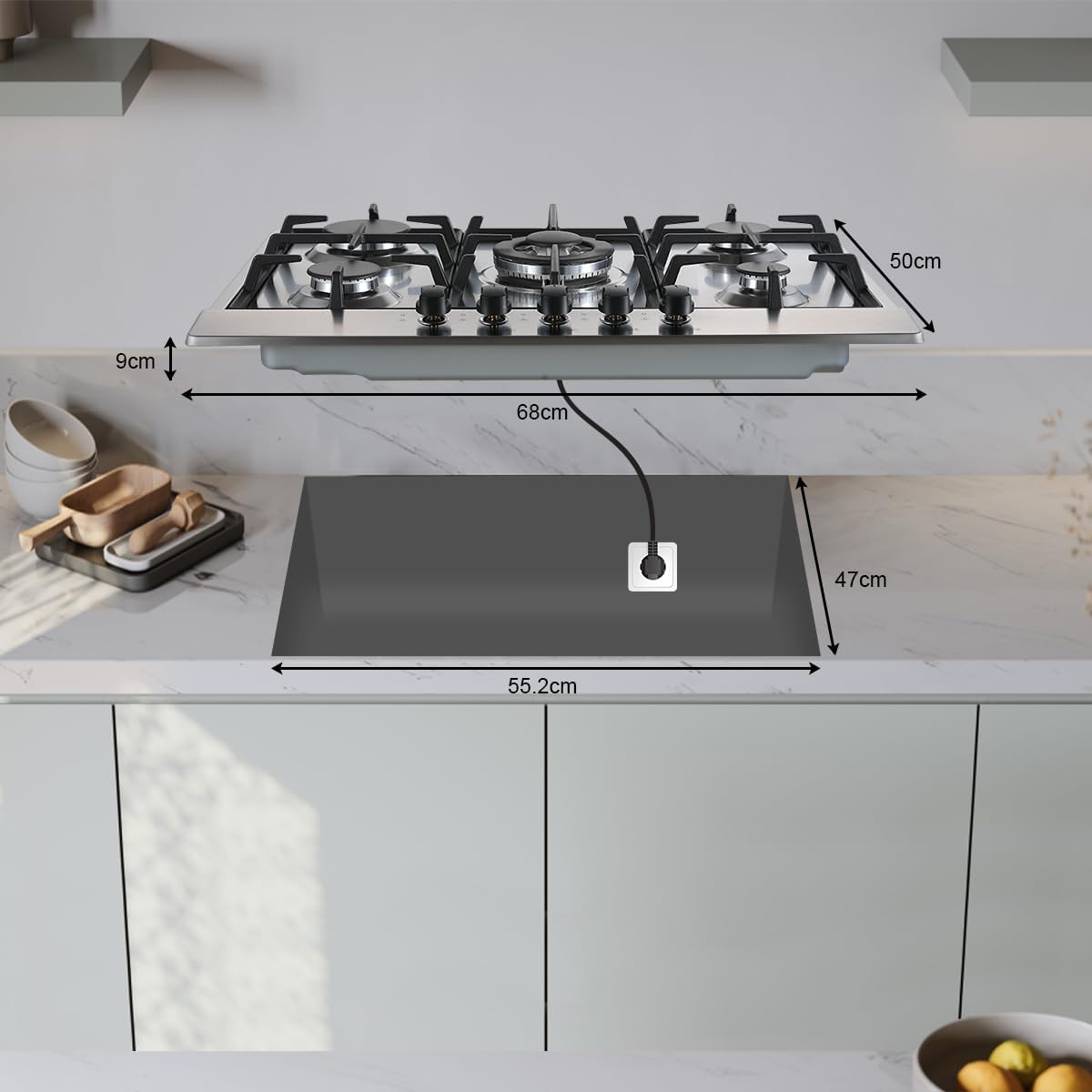 SNDOAS Plaque de Cuisson Gaz 5 Feux, Plaque Gaz avec Panneau en Acier Inoxydable, Sécurité Thermocouple, Convient pour le Gaz Naturel/Propane, 68cm, 1