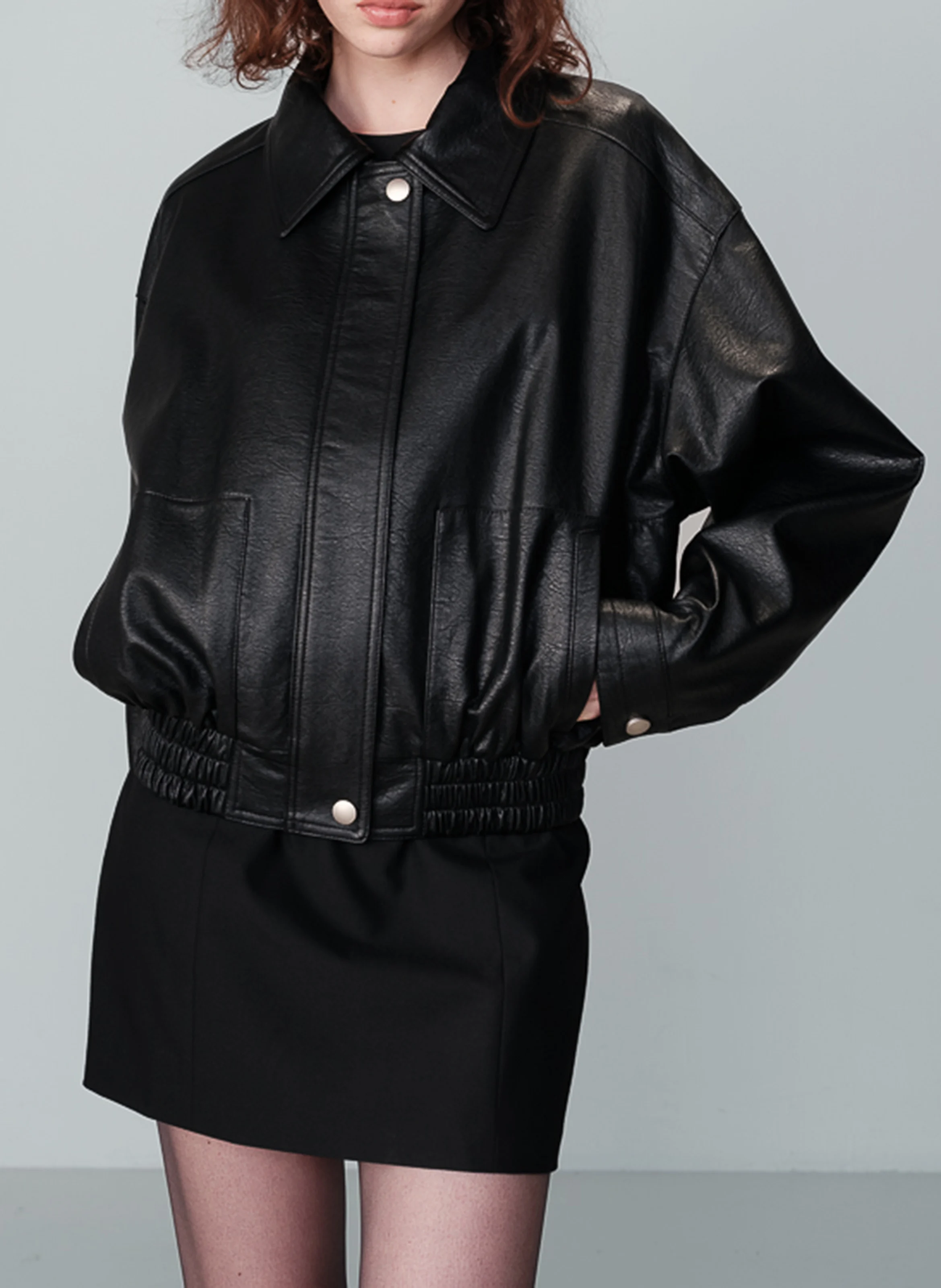 NELLY - Blouse bombardier ample effet cuir| Noir