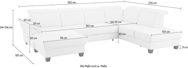Home affaire Wohnlandschaft »Solvei U-Form« Sitztiefenverstellung und Federkern, wahlweise  Kopfteilverstellung