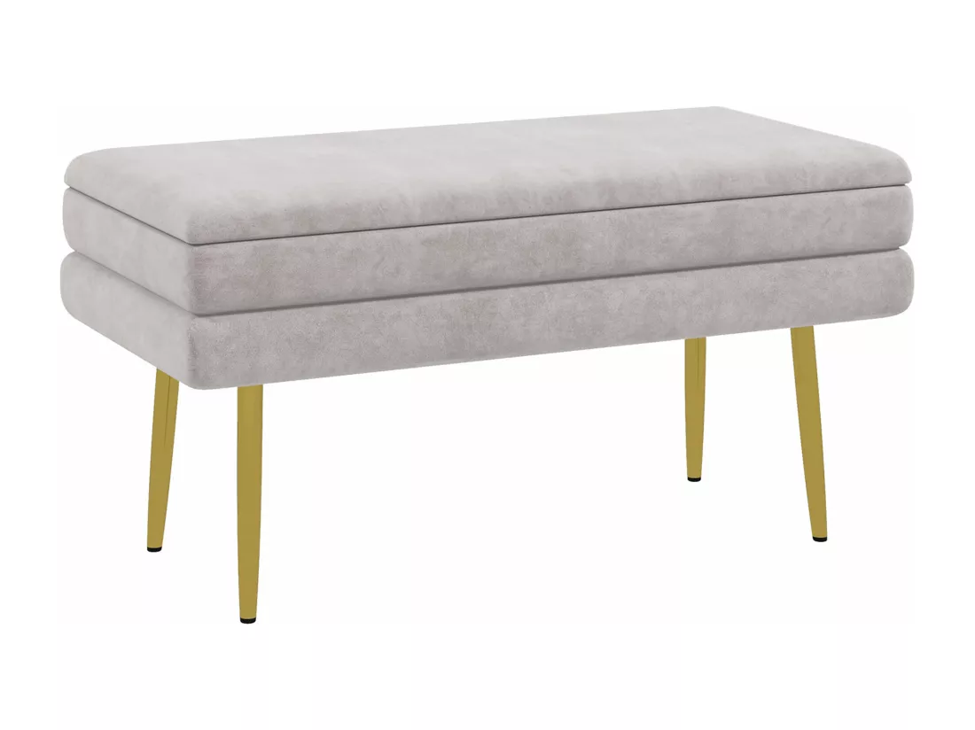 Banquette coffre de rangement 2 en 1 piètement effilé incliné acier doré velours gris clair