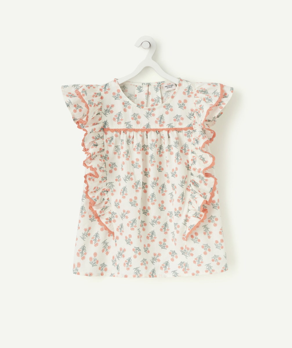 CHEMISIER À VOLANTS FILLE BLANC ET IMPRIMÉ FLEURS