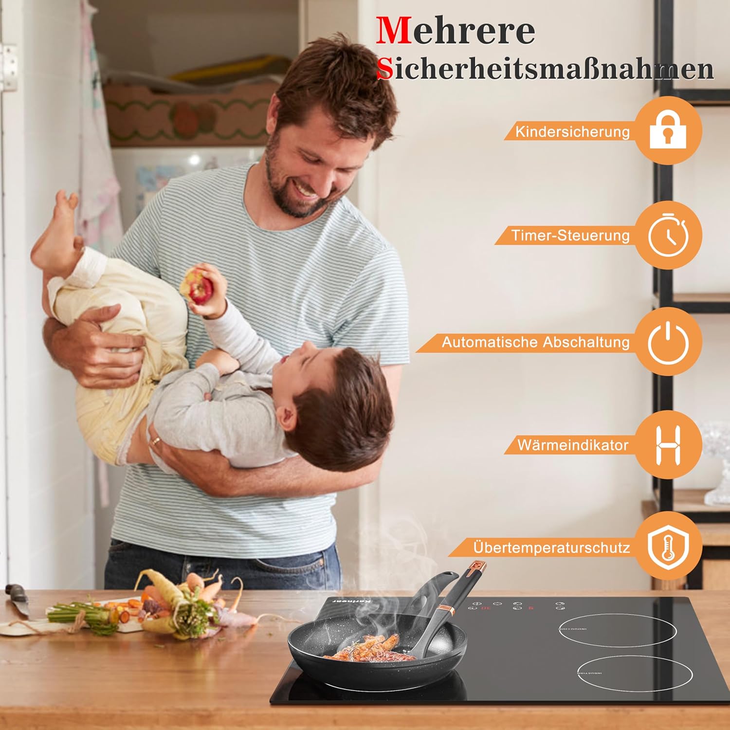 Karinear Induktionskochfeld 60 cm 4 Platten, Einbau Kochfeld Induktion mit Stecker, 3500W 9 Leistungsstufe, Timer, Kindersicherung, Automatische Abschaltung, 220-240V