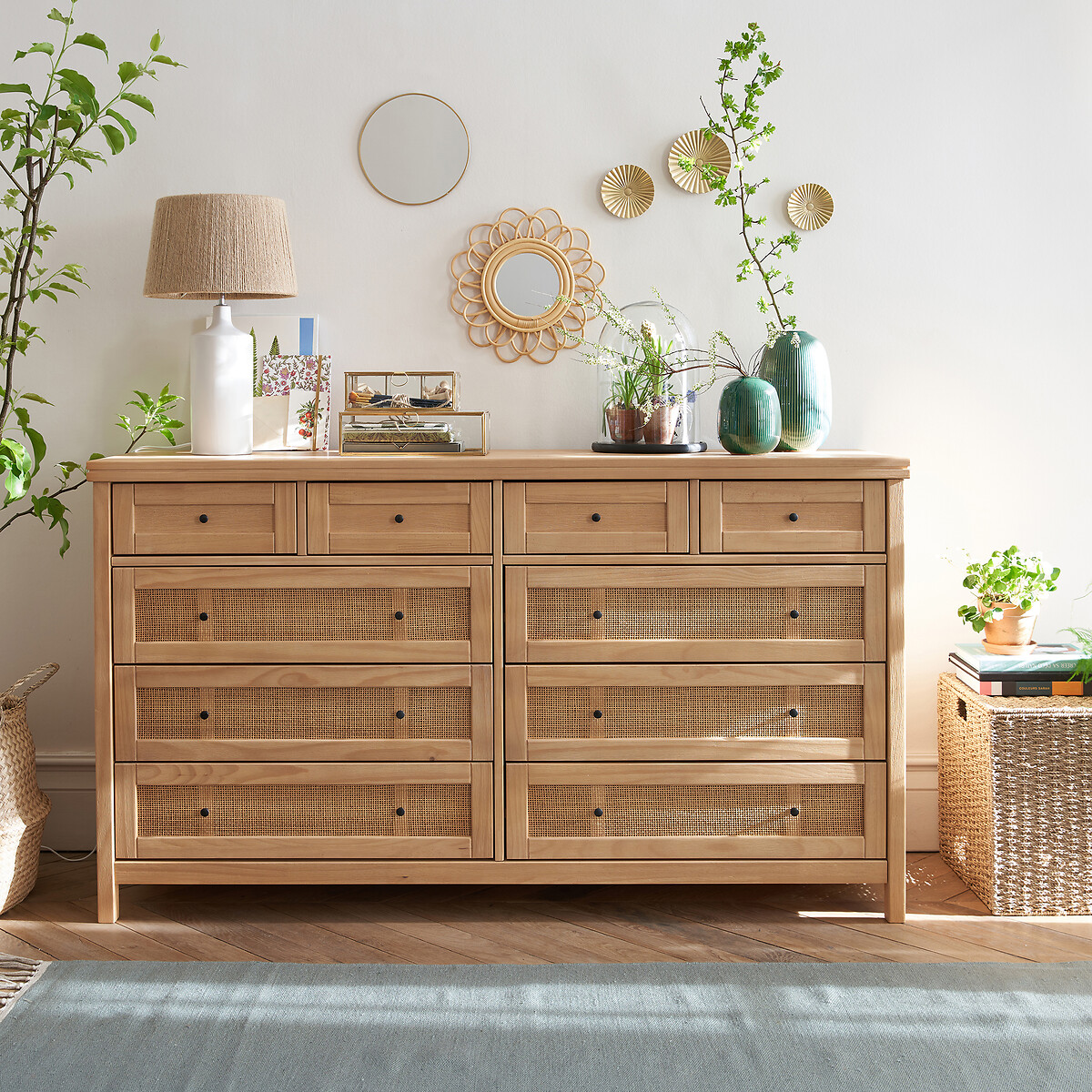 LA REDOUTE INTERIEURS<br>Cômoda de pinho maciço e rattan, 10 gavetas, Gabin