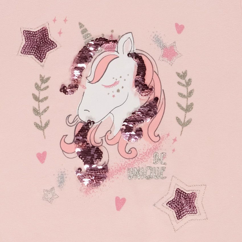 T-shirt manches longues en jersey print licorne pour fille - Rose