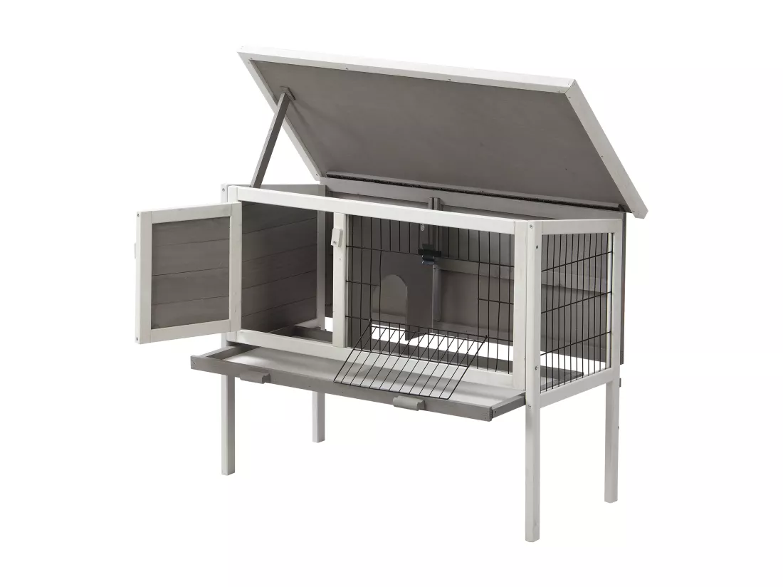 Clapier en bois sur pieds pour lapins et rongeurs - L. 91 x P. 45 x H. 70 cm - Blanc et gris - LAPIUS