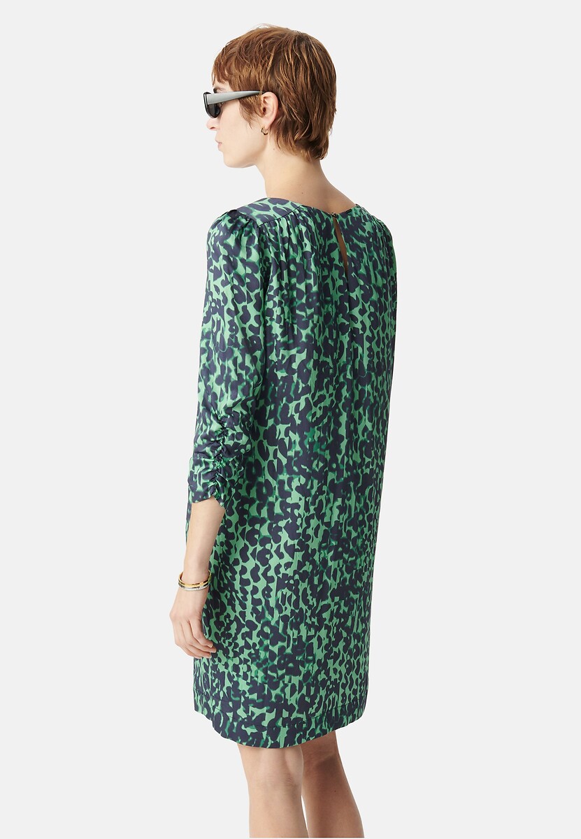 IKKS<br>Vestido reto fluido estampado, decote em V, mangas 3/4