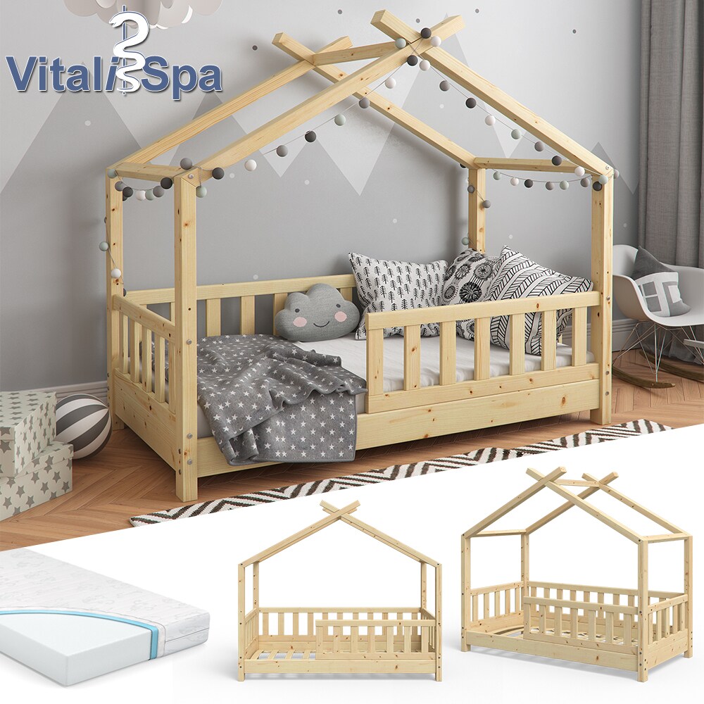 VITALISPA Kinderbett Hausbett DESIGN 70x140cm Natur Zaun Kinder Holz Haus Hausbett mit Matratze