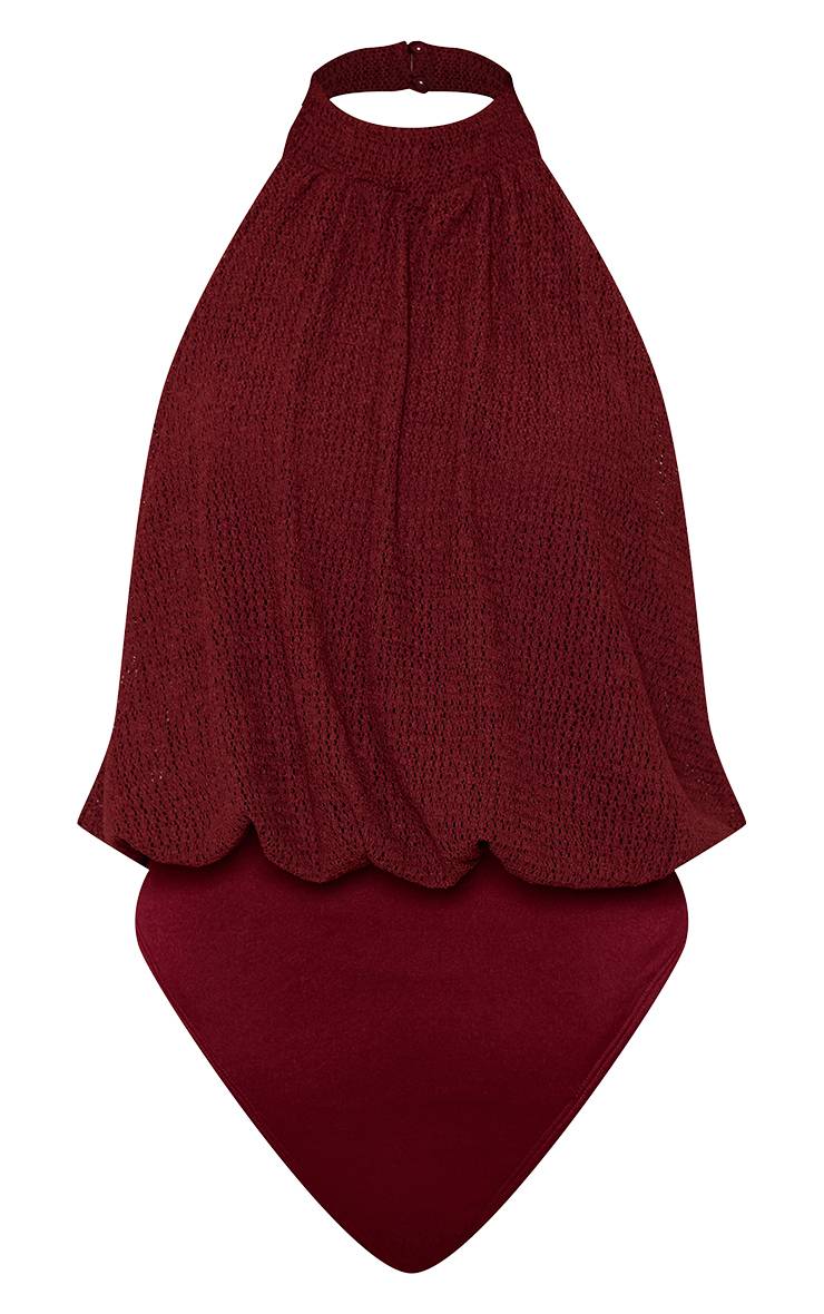 Rouge Vin Ensemble Body Bouffant À Col Licou Texturé