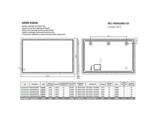 CRISTALED - Miroir de salle de bains lumineux éclairage intégré led fron...