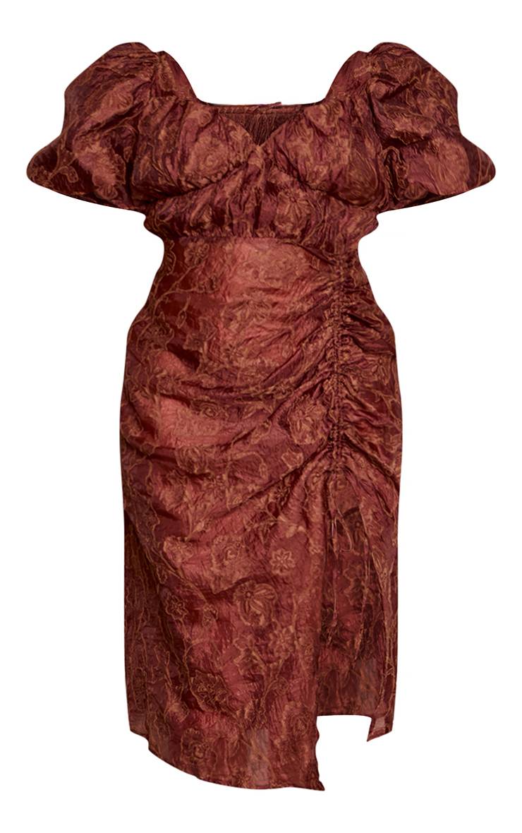 Chocolat Robe Midi Grande Taille En Jacquard À Manches Bouffantes Avec Fronces Et Fente Latérale
