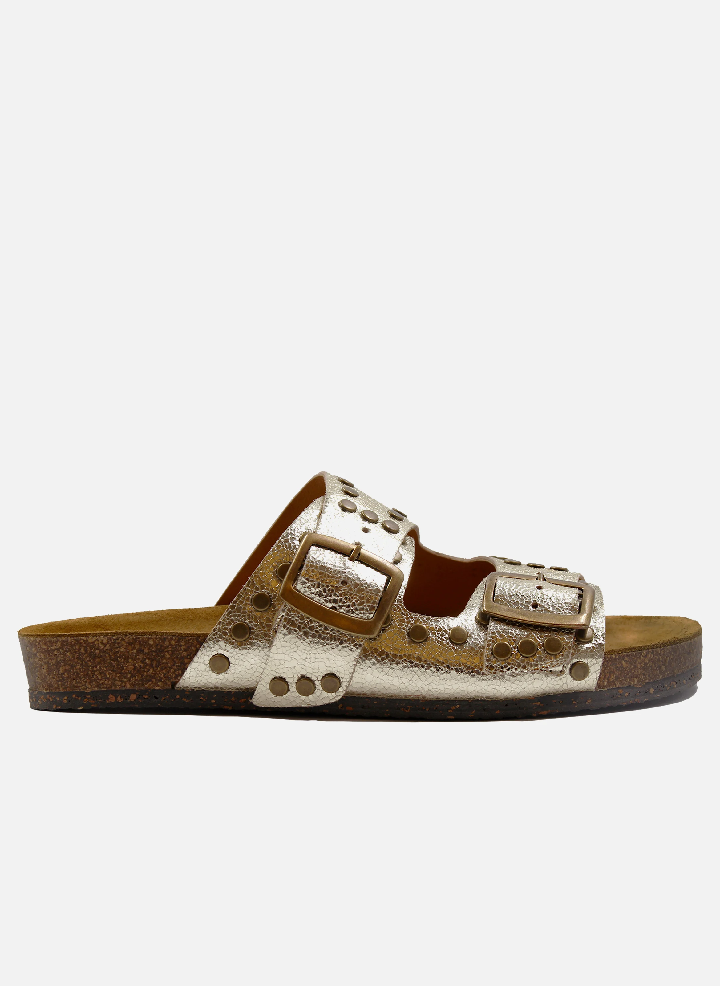 Mules liège clous cuir métallisé | Doré
