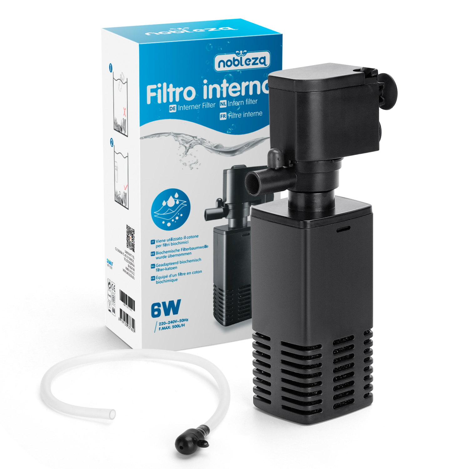 Filtro interno para aquário Nobleza de 40 a 100 litros com vazão de 500 L/h, 6W.