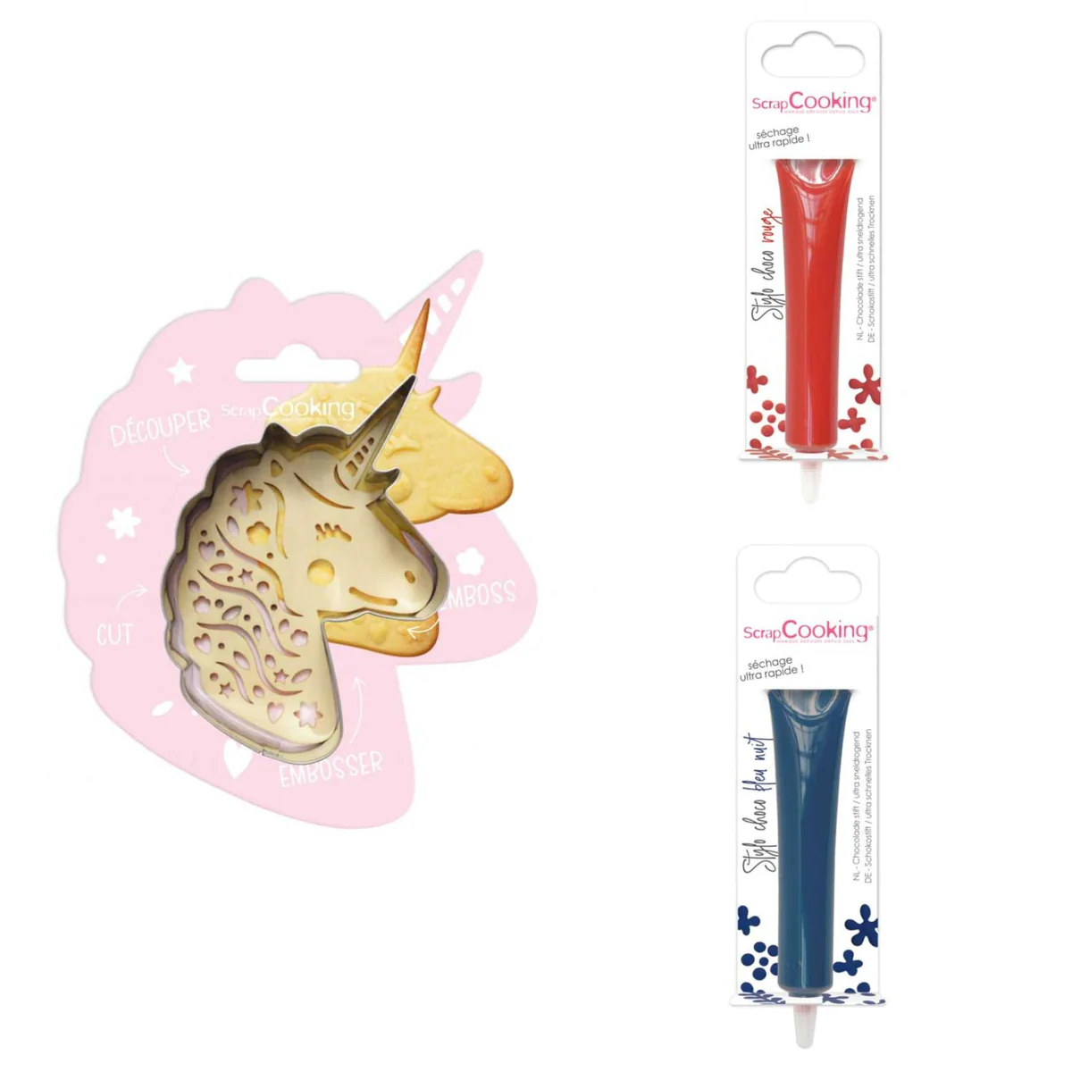Kit pour biscuit en relief Licorne + 2 Stylos au chocolat rouge et ble