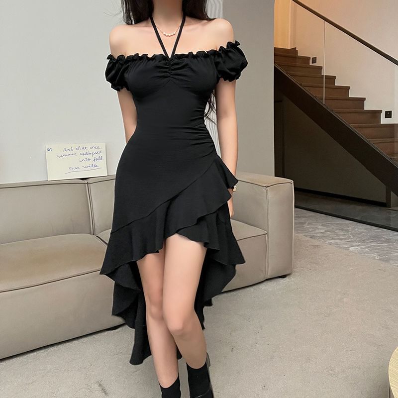 Rustie - A-lijn jurk met korte mouwen en off-shoulder, effen ruches