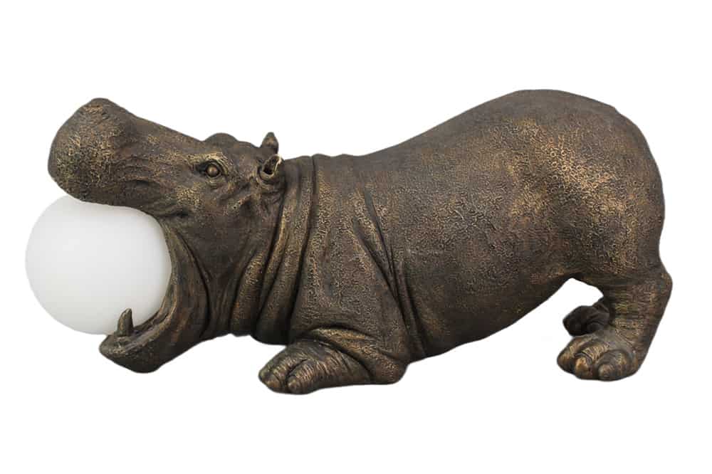 Handgefertigte Tischlampe HIPPO 45cm schwarz Nilpferd-Skulptur mit Lampenkugel