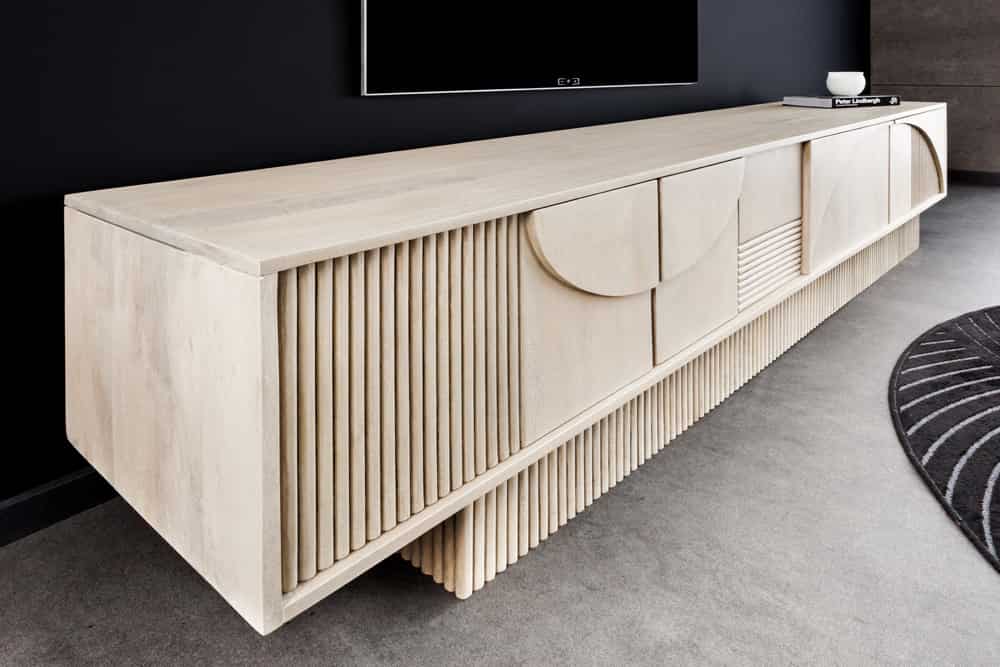 Massivholz TV-Lowboard ART DECO 200cm weiß gekälkt Mangoholz 3D-Front