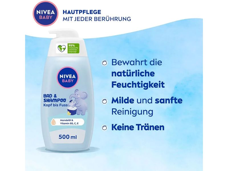 NIVEA BABY Bad & Shampoo Kopf bis Fuss 500 ml Mildes Pflegeshampoo für saubere und samtweiche Haut und Haare